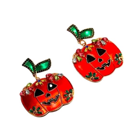 Embellished Pumpkin Jack O Lantern Orange Halloween Earrings Dia De Los Muertos - Picture 2 of 3